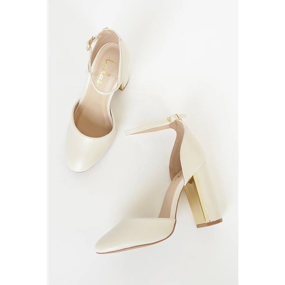 Lulus Shoes - Lulus Elsi Cream Vegan Leather Ankle Strap Block Heels Gold Detail Size 7.5